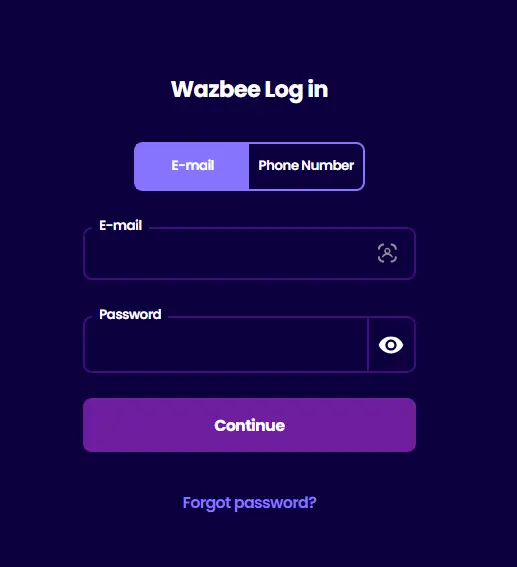 Wazbee Casino přihlašovací formulář