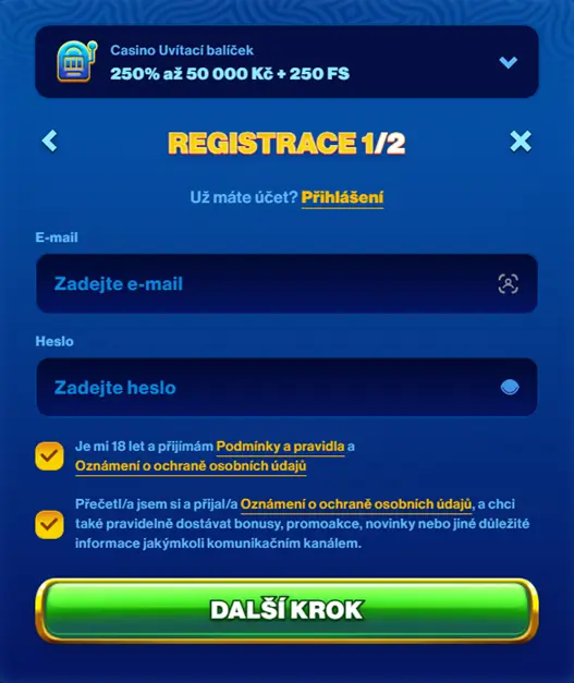 SpinofGlory Casino registrační formulář