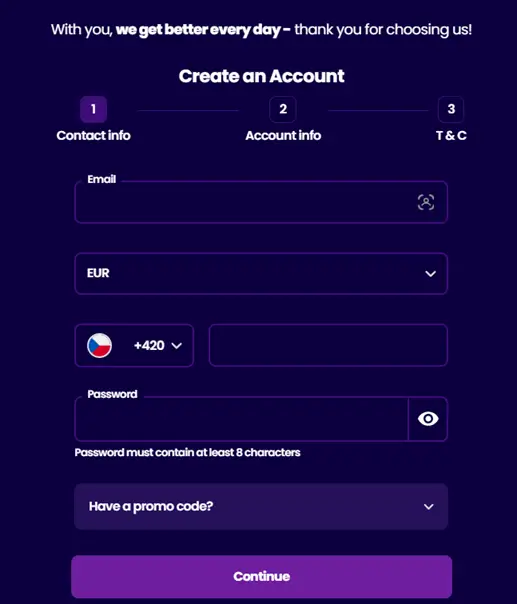 Wazbee Casino registrační formulář