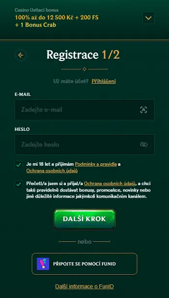 Casinia Casino registrační formulář