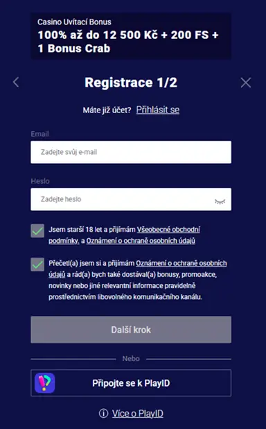 Frumzi Casino registrační formulář