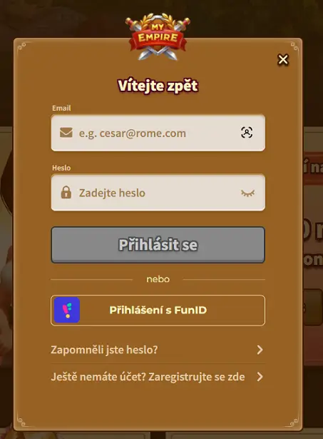 Myempire Casino přihlašovací formulář