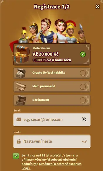 Myempire Casino registrační formulář