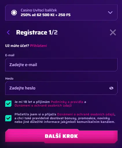 Roby Casino registrační formulář