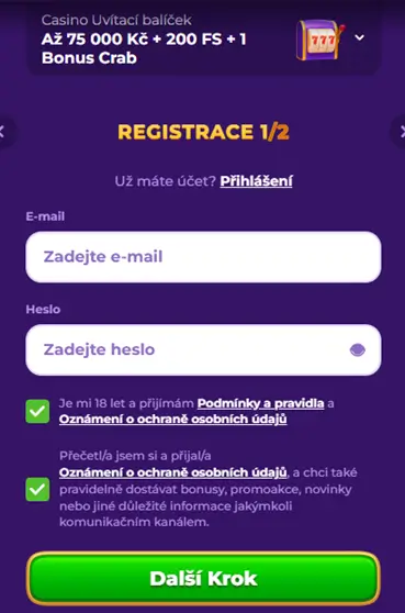 Royal Game Casino registrační formulář