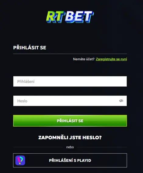 RTbet Casino přihlašovací formulář