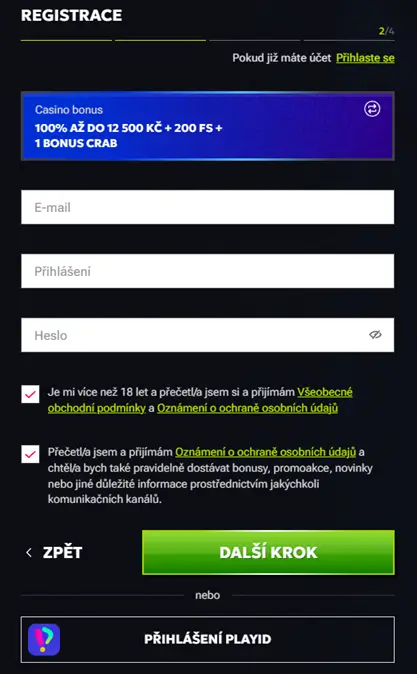 RTbet Casino registrační formulář