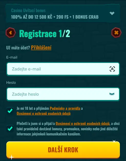 Spinanga Casino registrační formulář