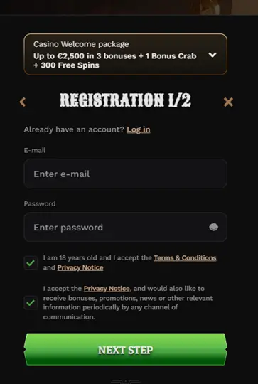 Wildsino Casino registrační formulář