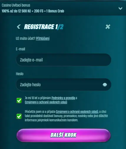 Caspero Casino registrační formulář