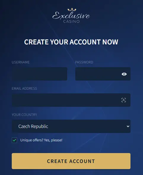 Exclusive Casino registrační formulář