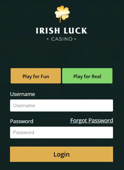 Irish Luck Casino o přihlašovací formulář