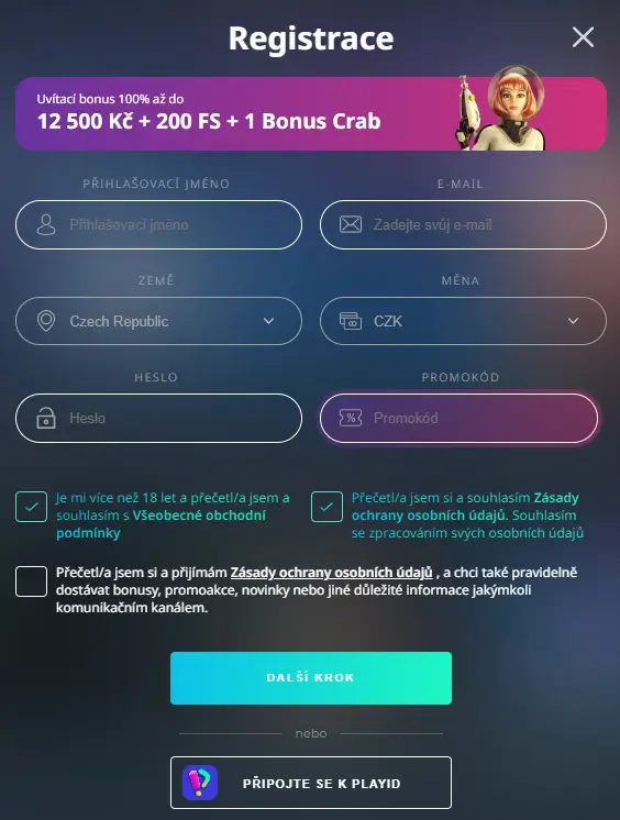 Buran Casino registrační formulář