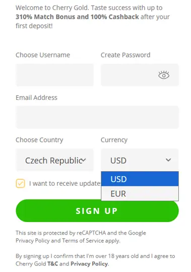 Cherry Gold Casino registrační formulář