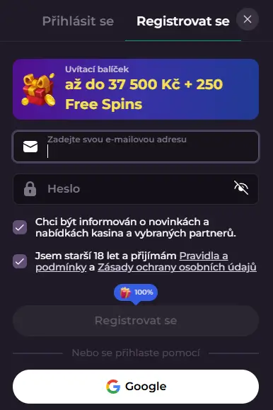 Rockyspin Casino registrační formulář