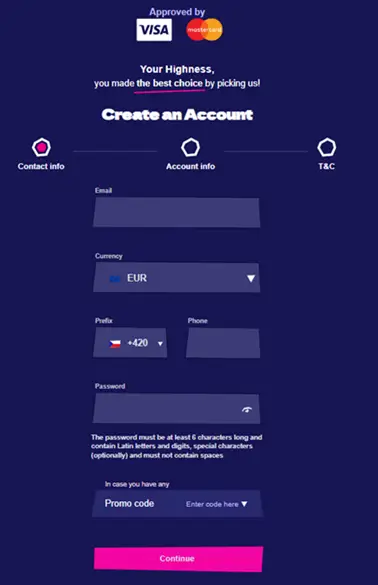 Royspins Casino registrační formulář