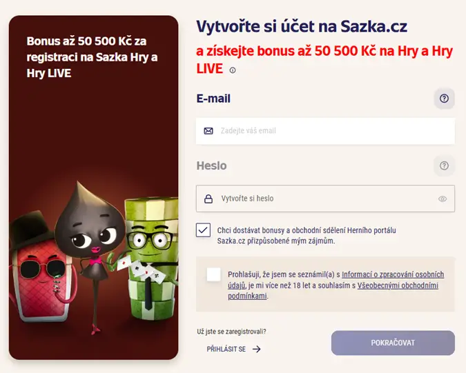 Sazka Hry Casino registrační formulář