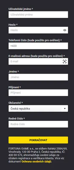 ifortuna Casino registrační formulář