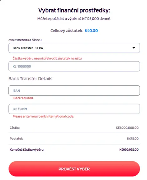 Výběr peněz Visa Casino